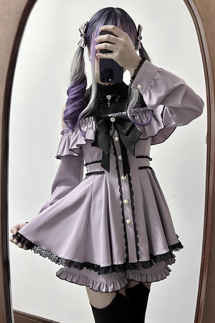 Black Long Sleeves Ruffle Stitching Lace Jirai Kei Japanese Strapless Dress Set - Product - 7