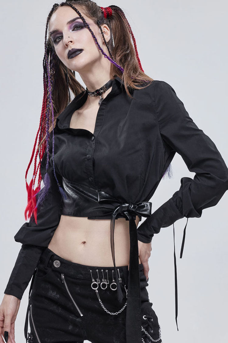 Black Punk Asymmetrical Neckline Buttonhole Cuffs With Cord Design Cropped Thin Texture Long Sleeve Women's Shirt - Product - 3