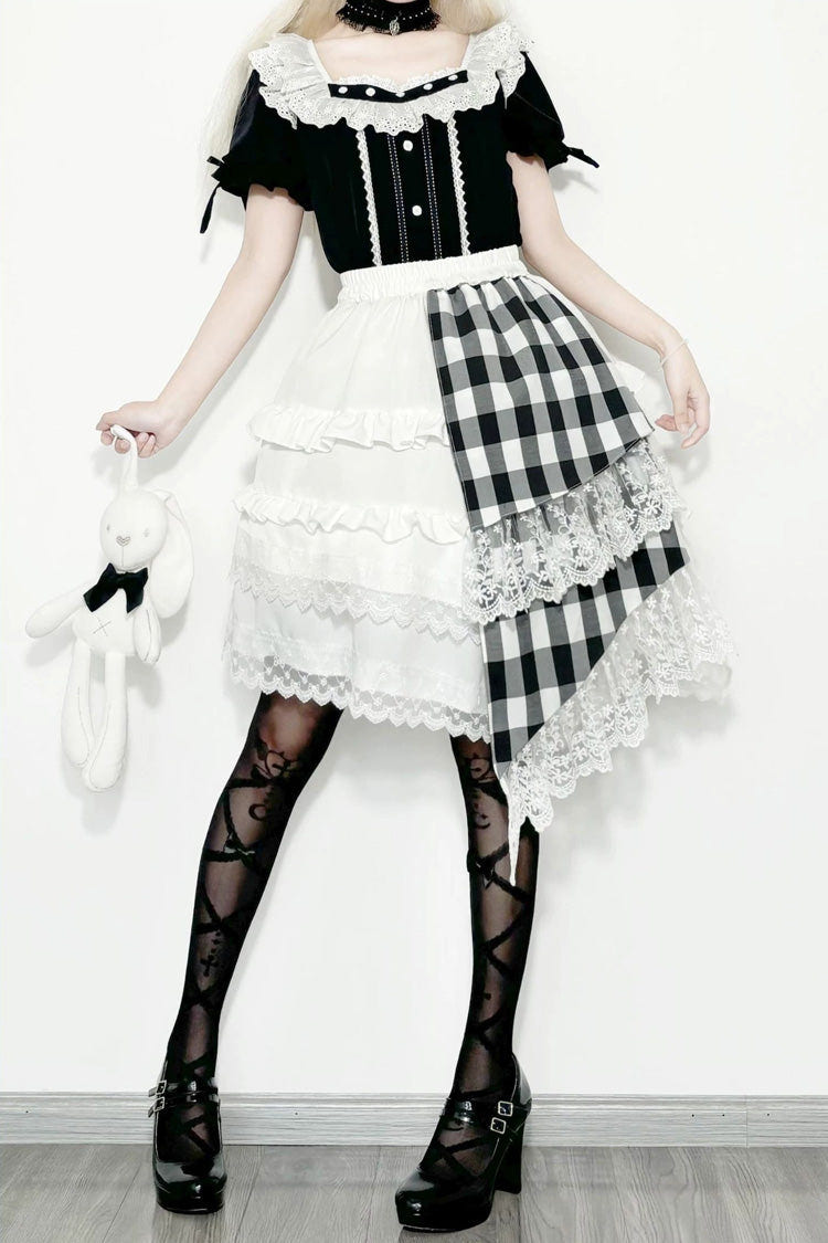 Black/White Short Sleeves Plaid Printed Lace Irregular Asymmetric Gothic Lolita Skirt Set - Top(Only) - 2