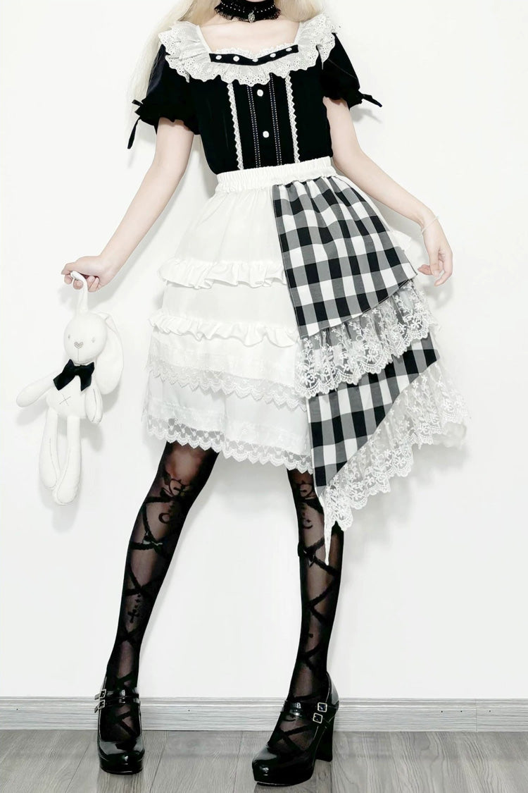 Black/White Short Sleeves Plaid Printed Lace Irregular Asymmetric Gothic Lolita Skirt Set - Top(Only) - 2