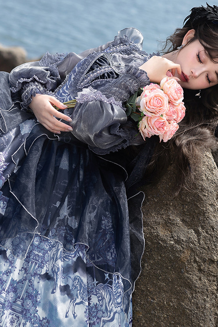 Blue [Angel Garden] Print Ruffle Bowknot Asymmetric Classic Elegant Lolita Jsk Dress - Product - 8