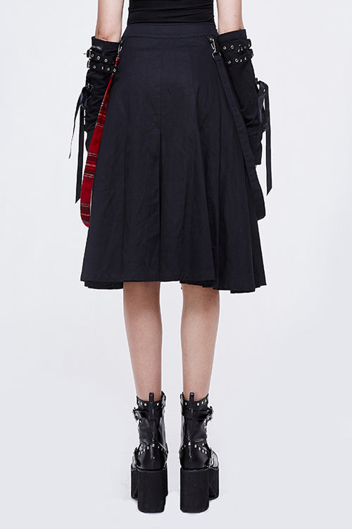 Black And Red Young Girls Fake 2 Pieces Scottish Plaid With Adjust Loops Punk Skirt - Product - 3
