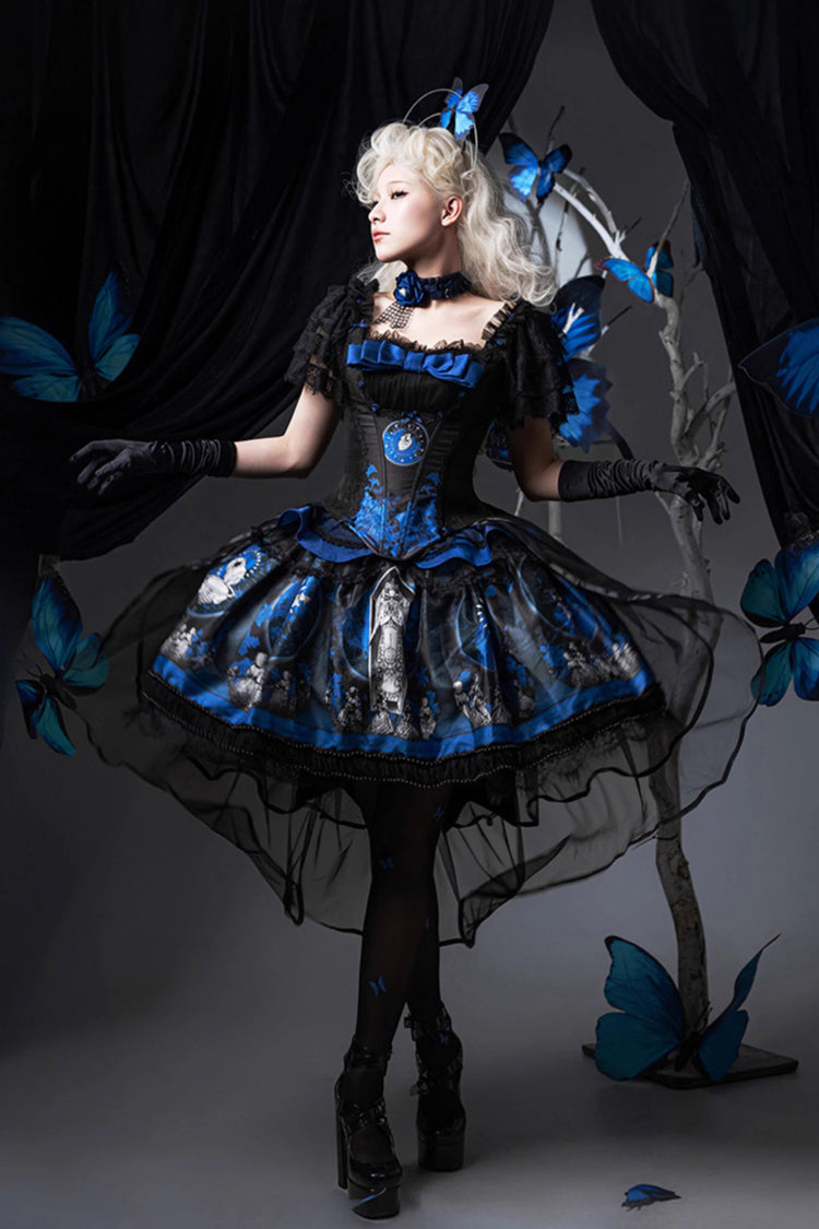 Blue [Dark Moon Corridor] Print Embroidery Gothic Lolita Dress Skirt - Product - 2