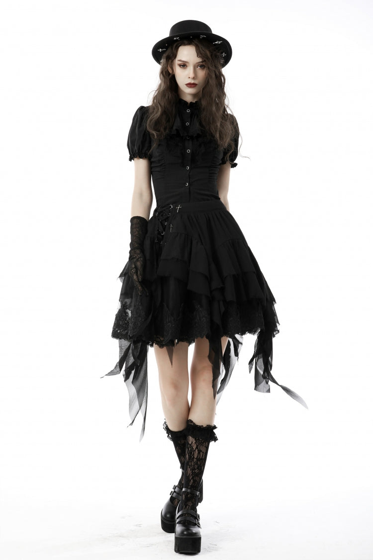 Black Multi-Layered Irrgular Hem Women's Punk Tasseled Skirt - Black - 1