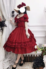 Red Short Puff Sleeves Multi-Layered Ruffle Bowknot Classic Vintage Lolita Dress - Product - 13