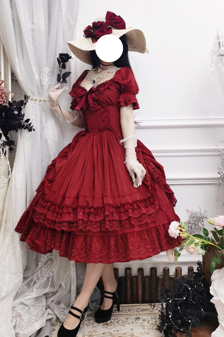 Red Short Puff Sleeves Multi-Layered Ruffle Bowknot Classic Vintage Lolita Dress - Product - 13