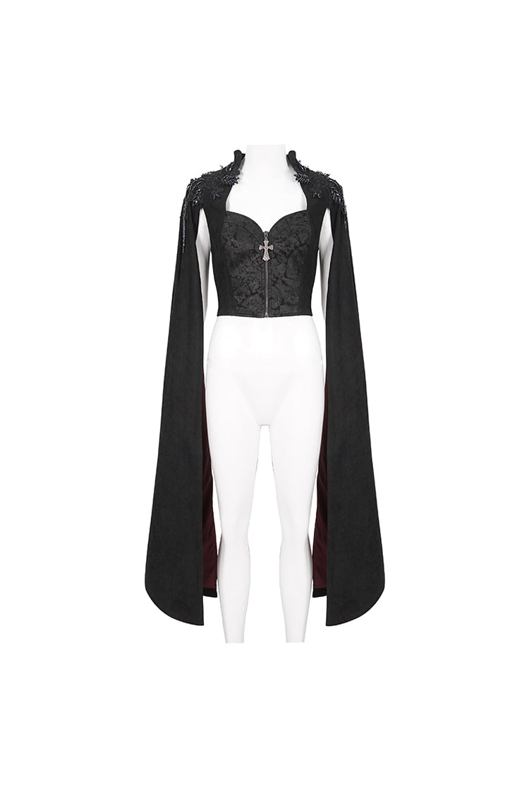 Black Stand Collar Floral Embroidered Women's Gothic Shirt Cloak - Product - 9