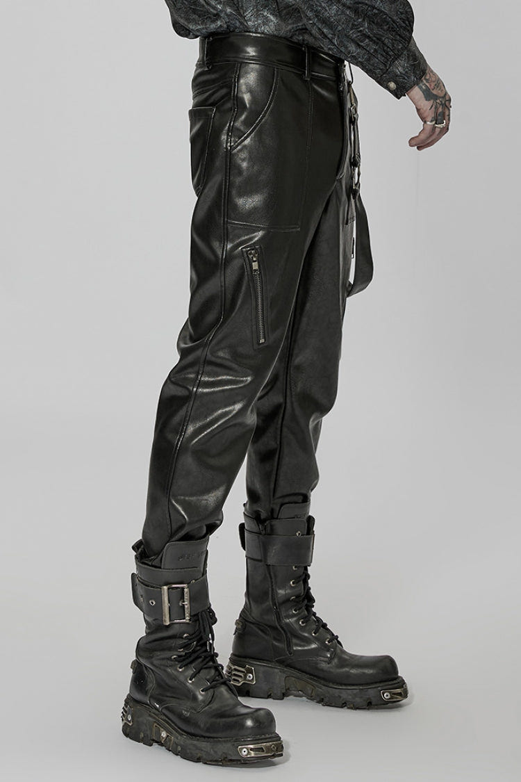 Black Faux Leather Detachable Metal Side Straps Men's Steampunk Pants - Product - 2