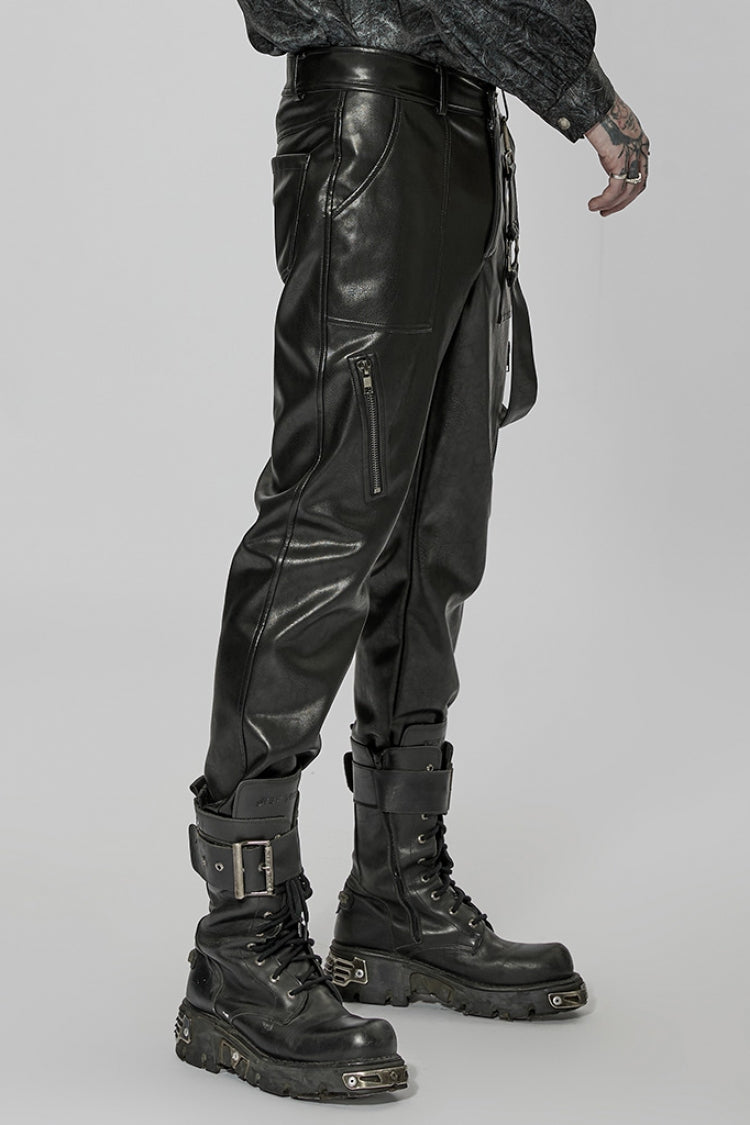 Black Faux Leather Detachable Metal Side Straps Men's Steampunk Pants - Product - 2