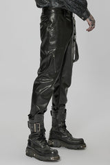 Black Faux Leather Detachable Metal Side Straps Men's Steampunk Pants - Product - 2