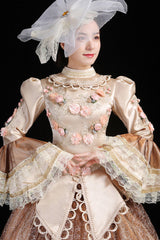 Champagne Multi-Layer Hime Sleeves High Waisted Hollow Embroidery Three-Dimensional Flower Print Victorian Lolita Prom Dress - Product - 4