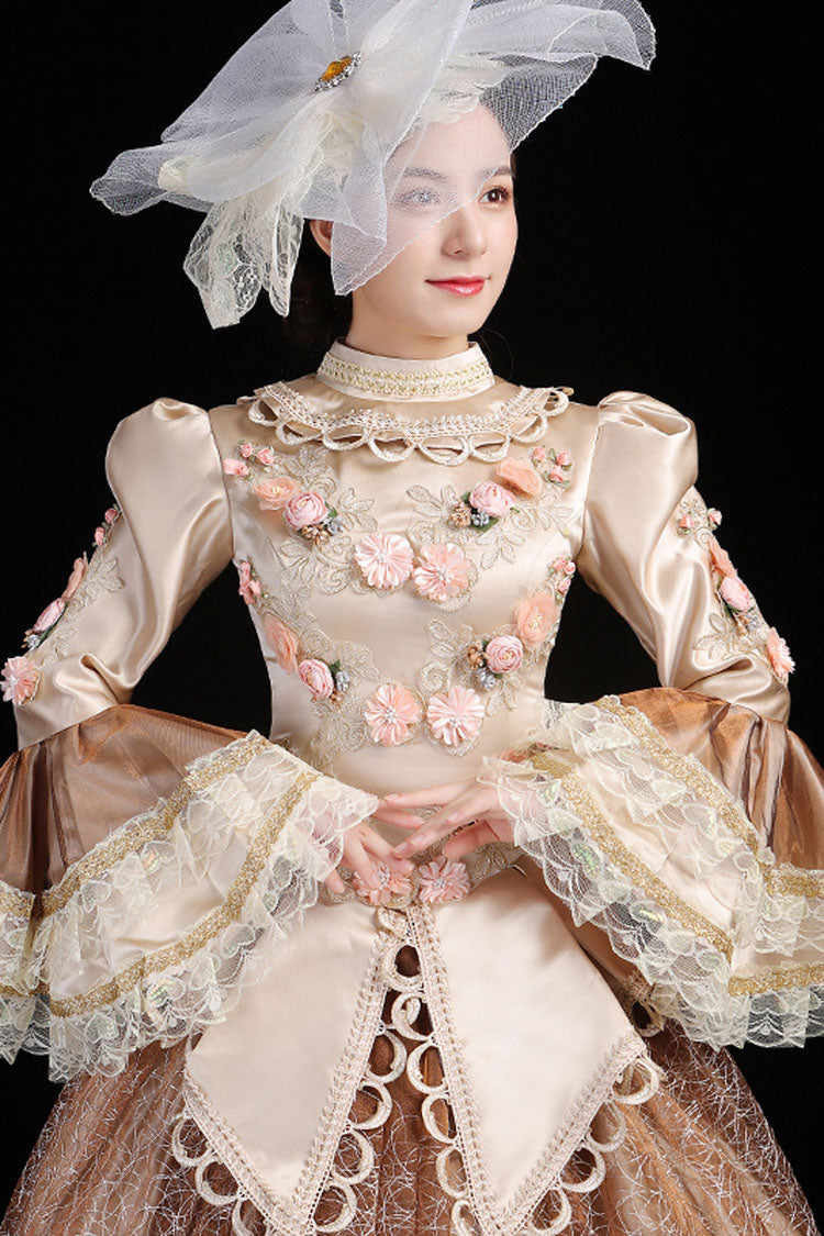 Champagne Multi-Layer Hime Sleeves High Waisted Hollow Embroidery Three-Dimensional Flower Print Victorian Lolita Prom Dress - Product - 4