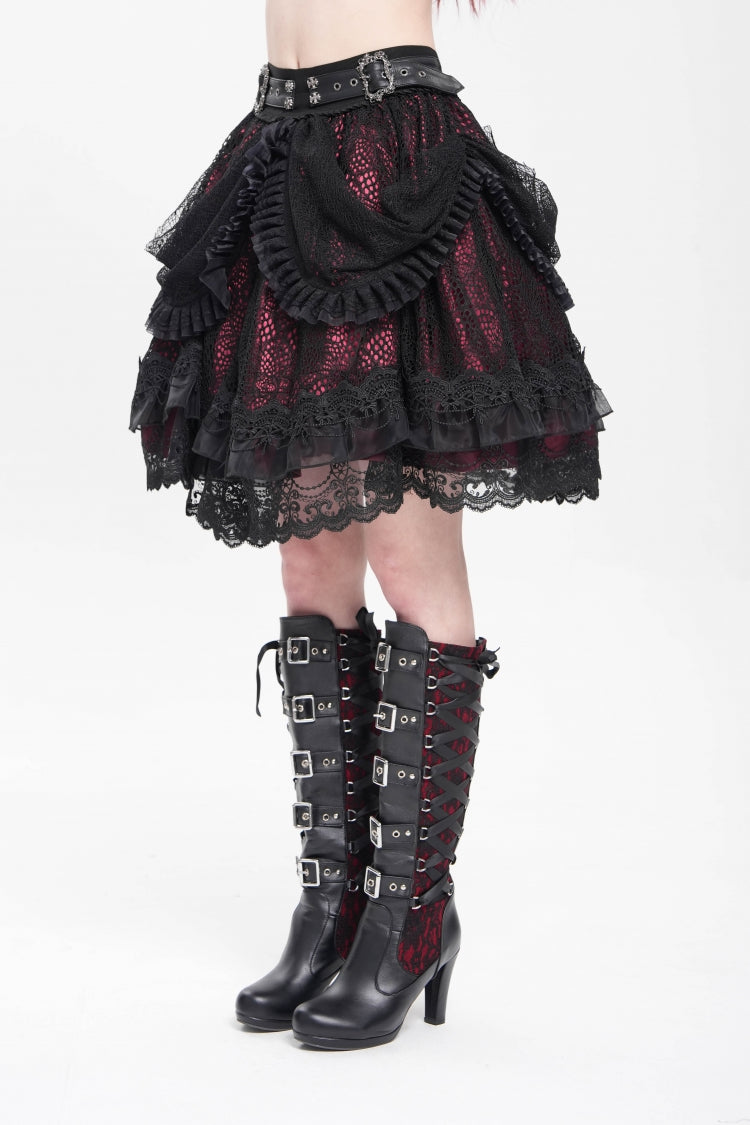 Black/Red Multi-Layered Ruffle Buckle Straps Women's Gothic Skirt - Product - 2