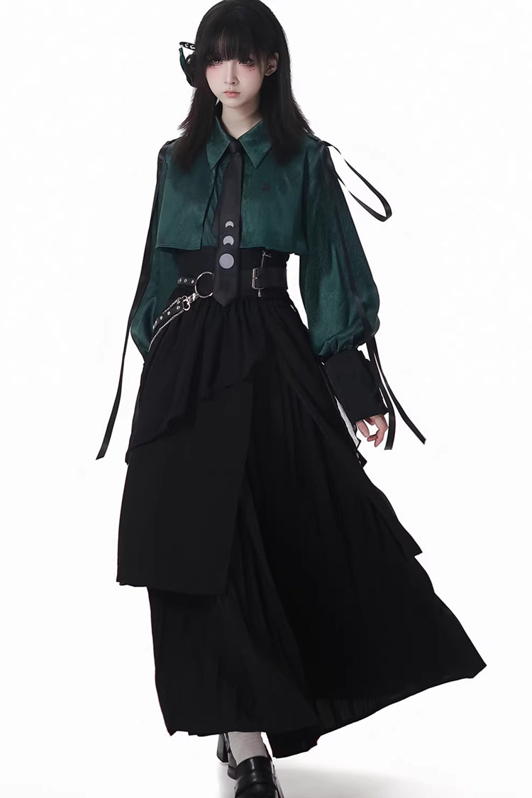 Green/Black [Moonlight Flowing] Long/Short Sleeves Ruffled Asymmetric Gothic Jirai Kei Skirt Set - Black/Green Long Skirt Set (Long-Sleeved) - 1
