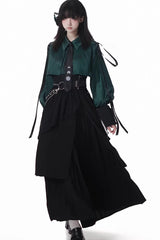 Green/Black [Moonlight Flowing] Long/Short Sleeves Ruffled Asymmetric Gothic Jirai Kei Skirt Set - Black/Green Long Skirt Set (Long-Sleeved) - 1