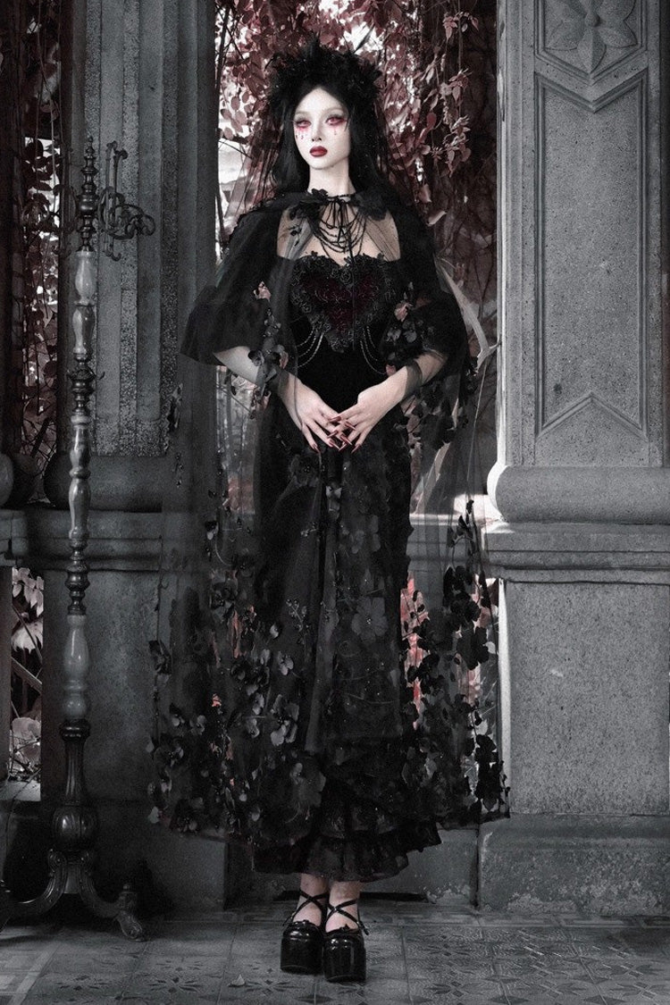 Black [Castle of Dark Romance] Square Collar Short Sleeves Multi-Layered Ruffled Embroidered Open-Front Lace Gothic Lolita Mermaid Dress - Product - 12
