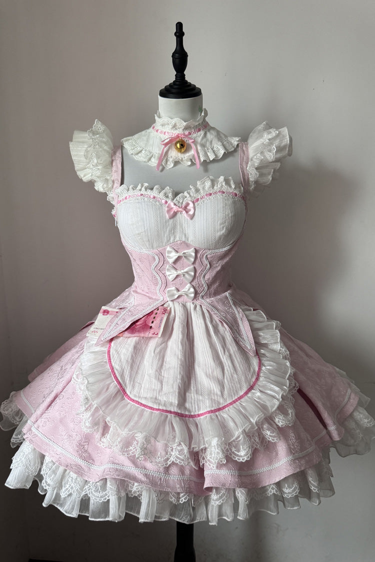Pink [Ram Rem] Ruffle Bowknot Sweet Japanese Lolita Jsk Dress Set - Pink - 1