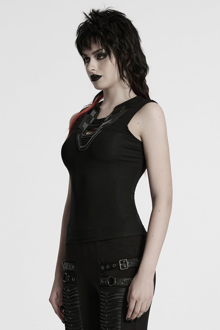 Black Sleeveless Plunging Stitching Mesh Women's Punk Vest - Product - 2