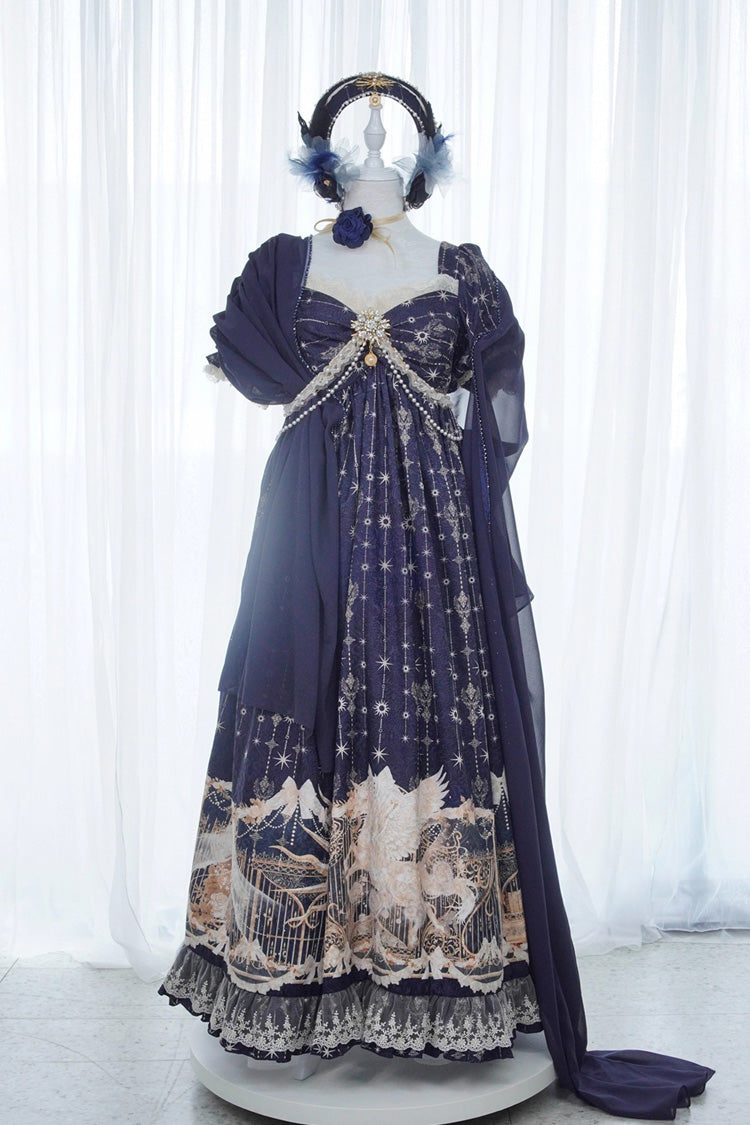 Blue [Unicorn] V Collar Short Sleeves Empire Motif Print Embroidery Bowknot Lace Sweet Elegant Lolita Dress - Product - 2