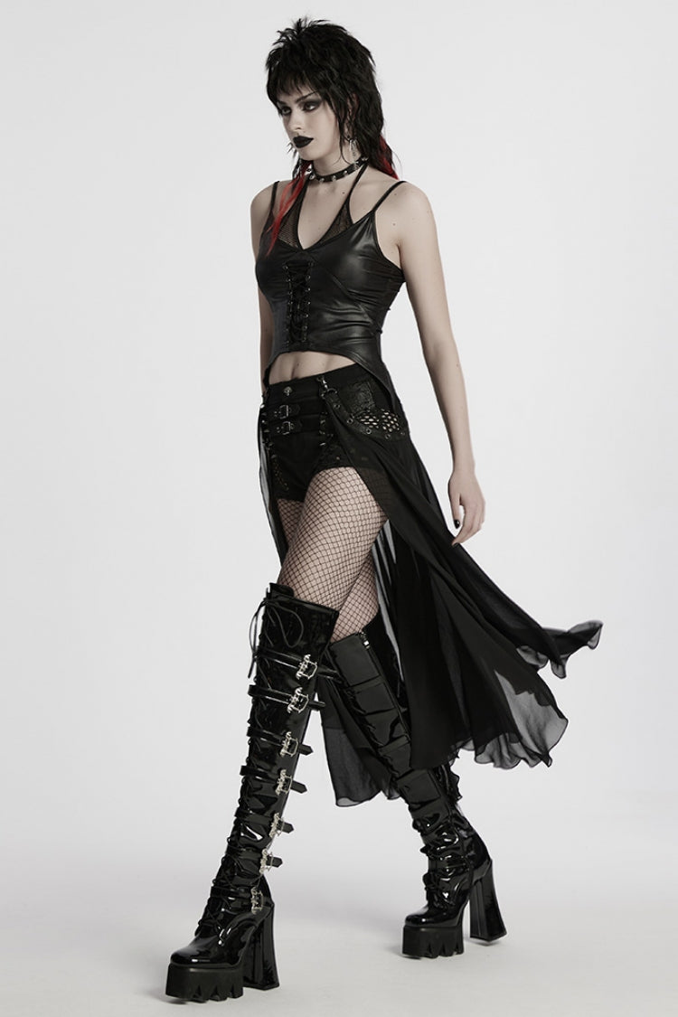 Black Women's Punk Studded Distressed Shorts with Detachable Kilt - Product - 4