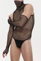 Black Transparent Mesh Sexy Super High Collar Masked Glove Thong Men's Punk Onesie - Black - 1
