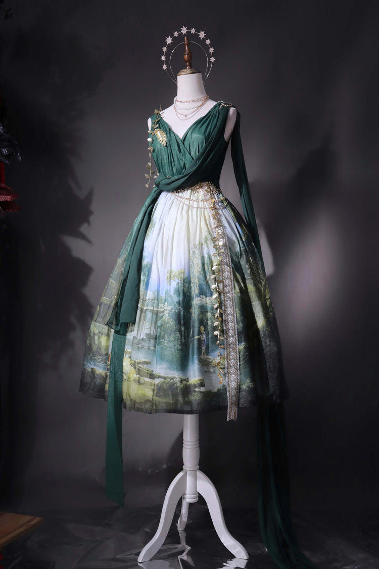 Green [Grace in Favor] V Collar Sleeveless Oil Painting Printed Sweet Lolita Jsk Dress - Product - 8