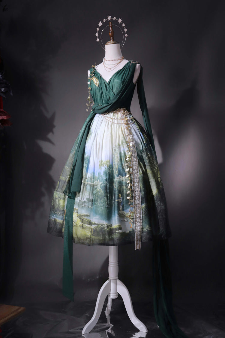 Green [Grace in Favor] V Collar Sleeveless Oil Painting Printed Sweet Lolita Jsk Dress - Product - 8