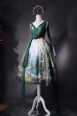 Green [Grace in Favor] V Collar Sleeveless Oil Painting Printed Sweet Lolita Jsk Dress - Product - 8
