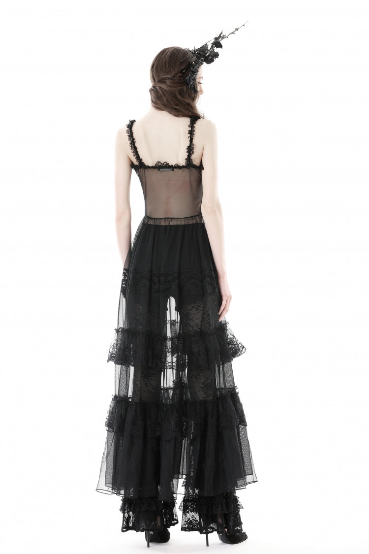 Black Sleeveless Hearted Multi-Layered Lace Split Sheer Mesh Women's Gothic Maxi Slip Dress - Product - 4