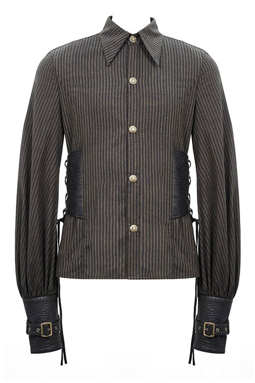 Brown Striped Waist Cuff Leather Mens Punk Blouse - Product - 4