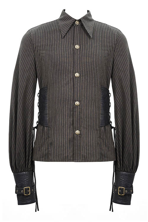 Brown Striped Waist Cuff Leather Mens Punk Blouse - Product - 4