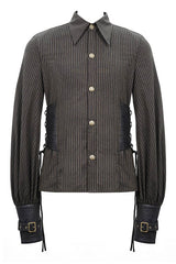 Brown Striped Waist Cuff Leather Mens Punk Blouse - Product - 4
