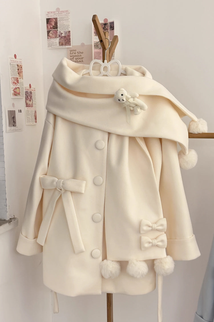 First Snow Bear Bowknot Scarf Design Sweet Japanese Lolita Coat 4 Colors - Apricot - 11