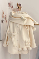 First Snow Bear Bowknot Scarf Design Sweet Japanese Lolita Coat 4 Colors - Apricot - 11