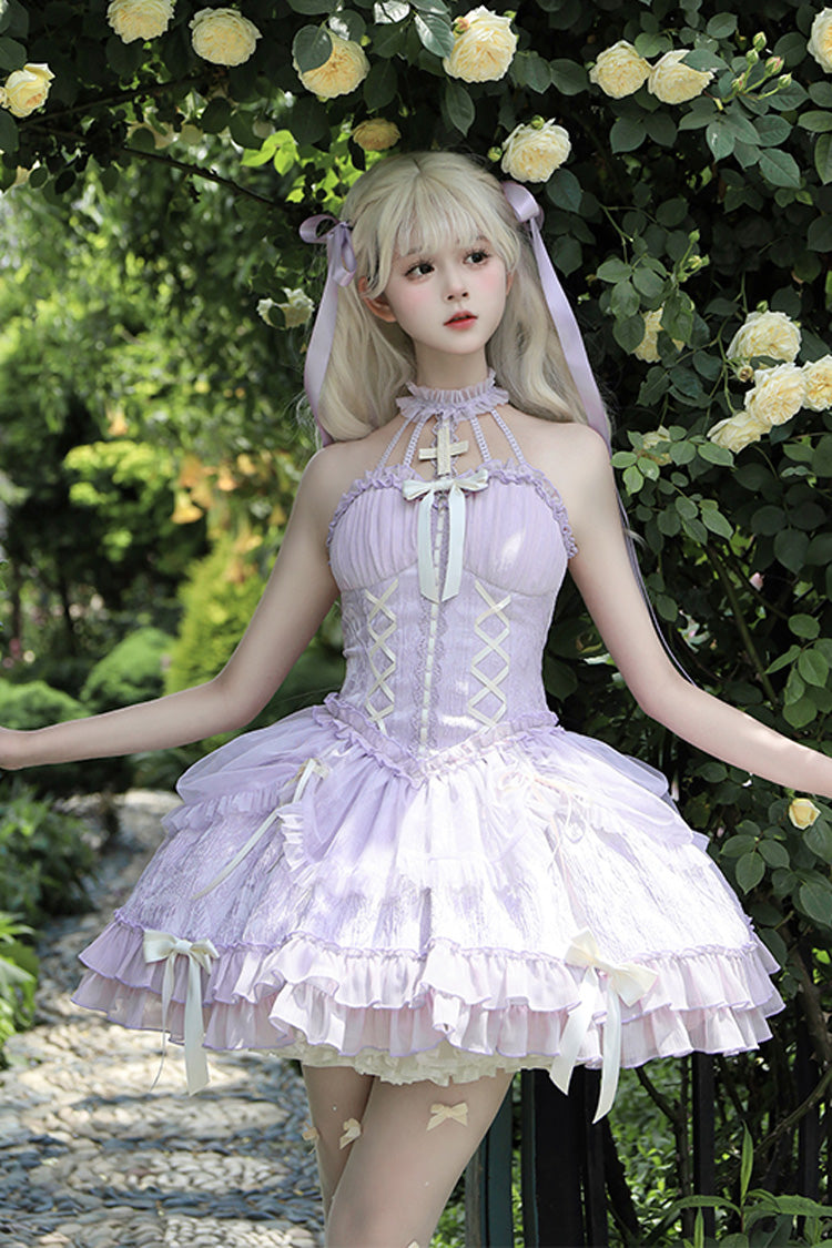 Purple Tube Top Sleeveless Ruffle Bowknot Gothic Lolita Jsk Tiered Dress - Product - 4