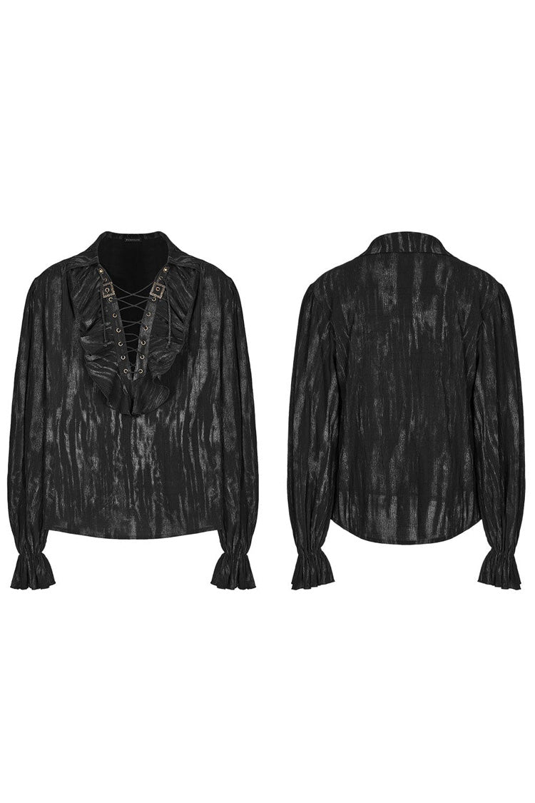 Men's Jacquard V Collar Lantern Sleeves Print Ruffle Gothic Blouse 2 Colors - Product - 5