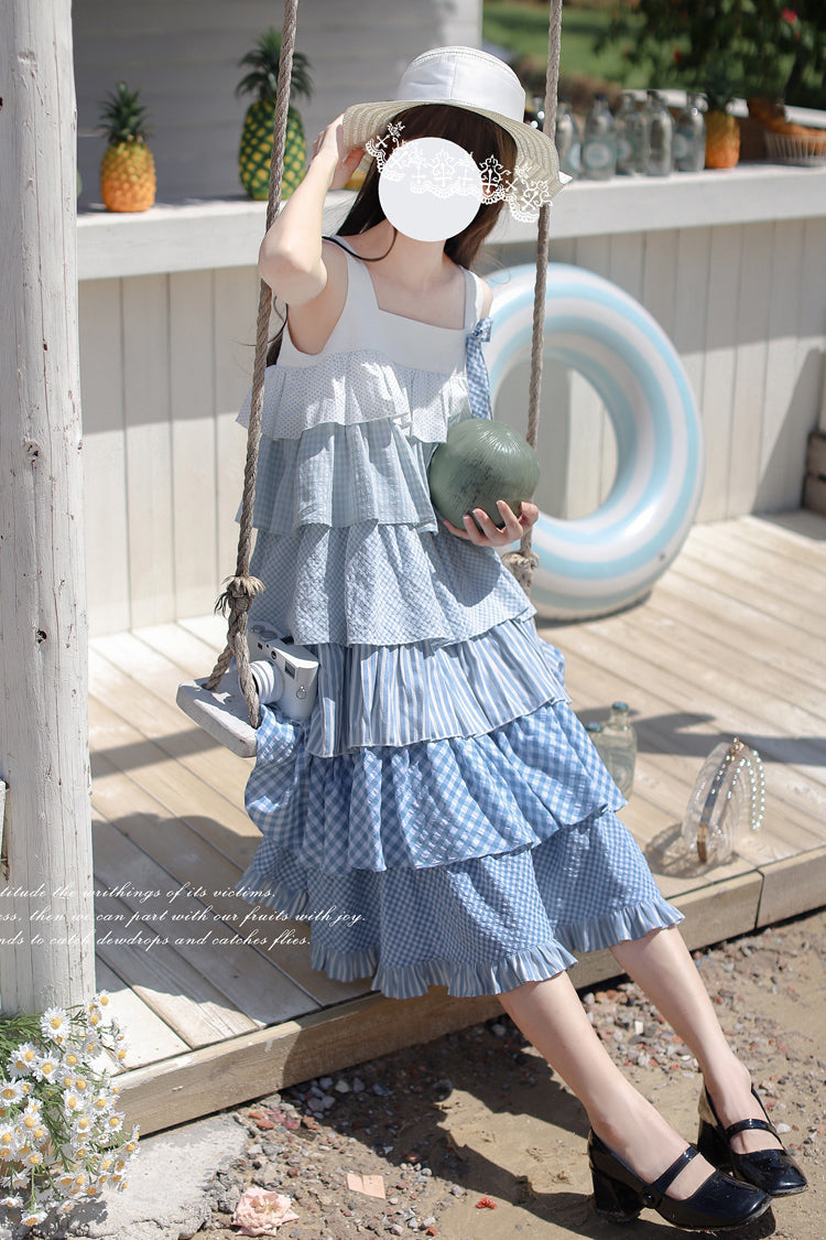 Blue [Go To The Beach] Multi-Layered Print Ruffle Holiday Sweet Lolita Jsk Dress - Product - 5