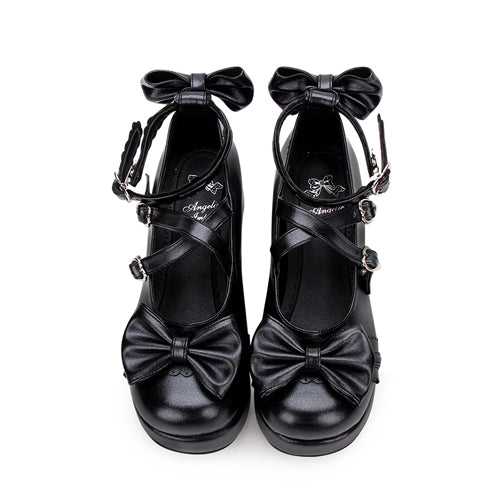 Cute Round Toe Shallow Mouth Bowknot Middle Heels Lolita Shoes - Product - 6