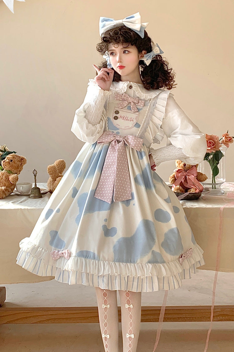 Milk Cow Print Ruffle Bowknot Sweet Lolita Jsk Dress 5 Colors - Blue - 5
