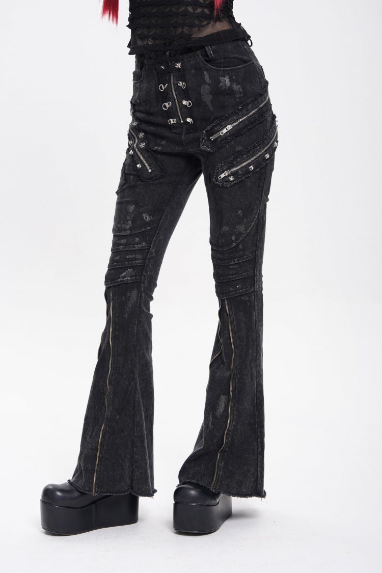 Black Zipper Pleated Women's Punk Flared Pants - Product - 4