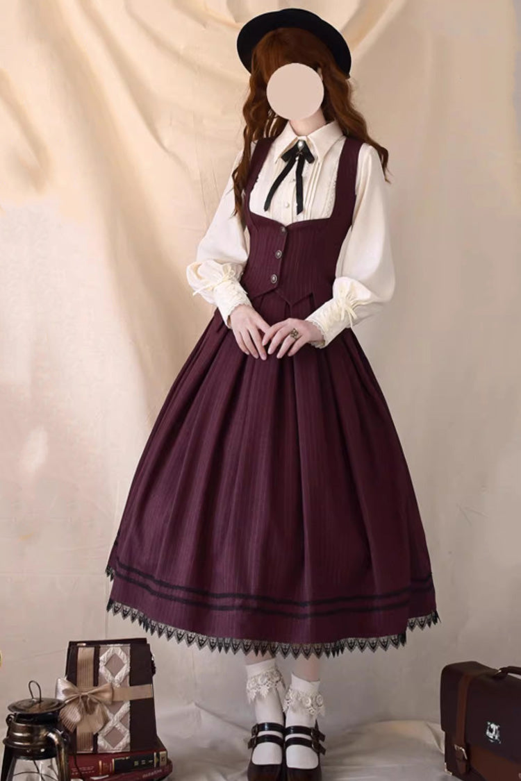 Red [Griffin’s Pact] Striped Printed Ruffled Gothic Lolita Skirt Vest Set - Product - 2