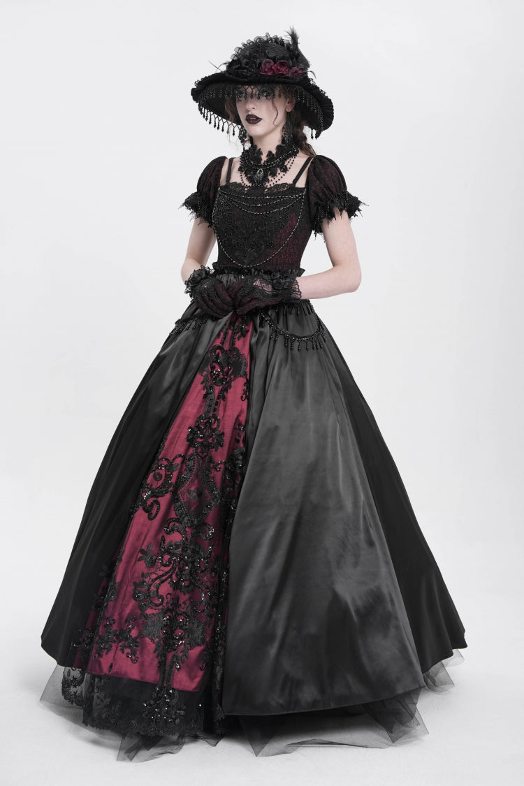 Black/Red Off Shoulder Embroidery Stitching Lace Women's Gothic Dress - Product - 15