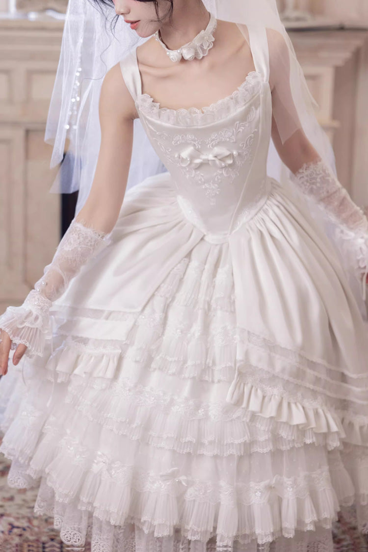 White [Promise of the Rose] Multi-Layered Ruffled Hanayome Open-Front Bow Sweet Gorgeous Lolita Jsk Dress Set - Product - 5