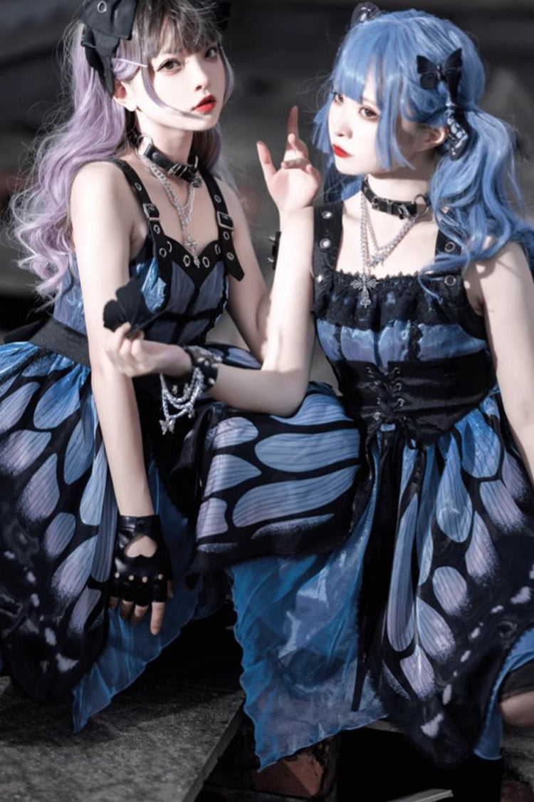 Black/Blue Butterfly Effect Sleeveless Print Girdle Version Gothic Punk Lolita Dress - Product - 4