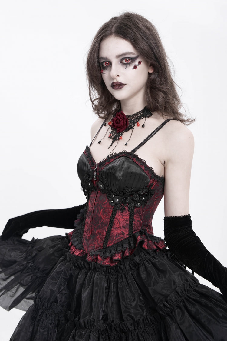 Red Sleeveless Ruffle Embroidery Lace-Up Women's Gothic Tank Top - Product - 8