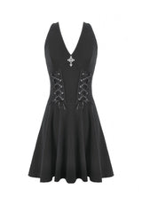 Black Cross Plunging Sleeveless Side Corset Lace-Up Women's Gothic Short Dress - Product - 3