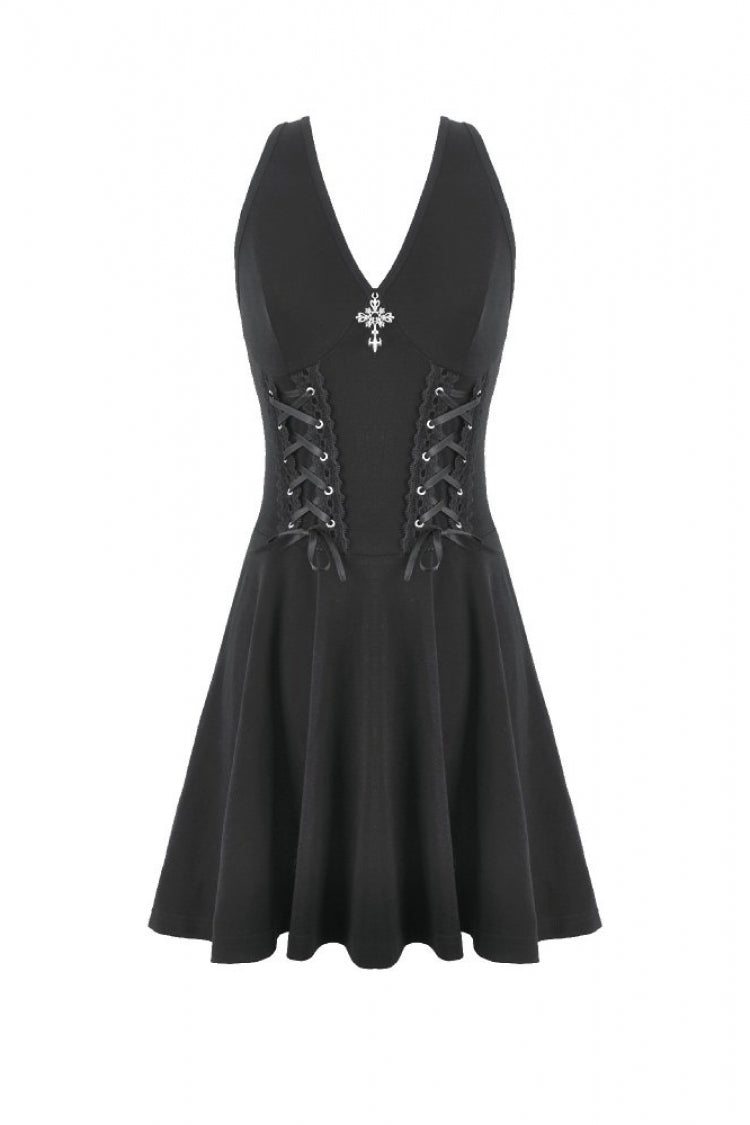 Black Cross Plunging Sleeveless Side Corset Lace-Up Women's Gothic Short Dress - Product - 3