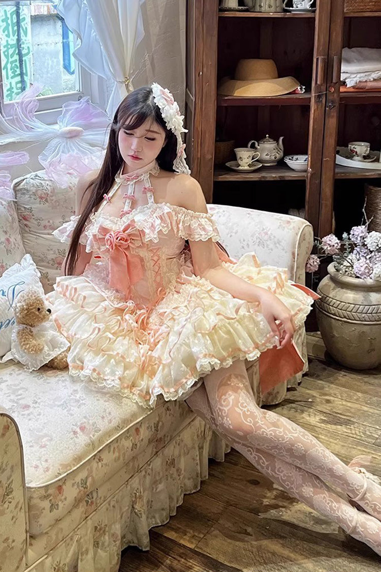 Pink [Flower Language of Eros] Halterneck Multi-Layered Ruffle Bowknot Rose Lace Lace-Up Sweet Ballet Lolita Jsk Dress - Product - 5