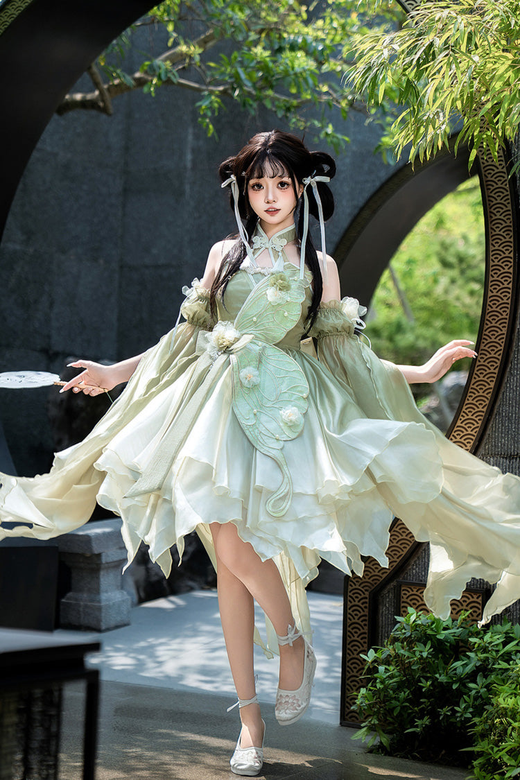 Green Halterneck Sleeveless Bowknot Lace Irregular Sweet Chinese Style Lolita Jsk Dress - Product - 9