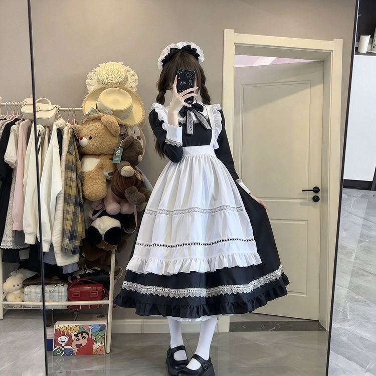 Blue and White Ruffled Maid Lolita Dress with Apron and Bow Accent - view 3